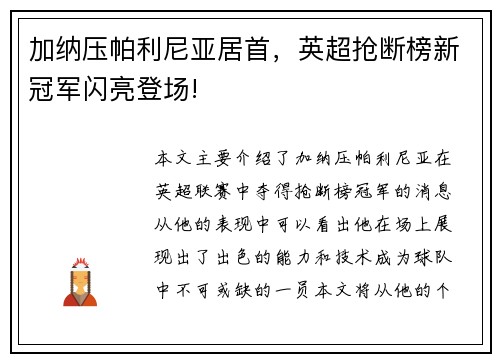 加纳压帕利尼亚居首，英超抢断榜新冠军闪亮登场!
